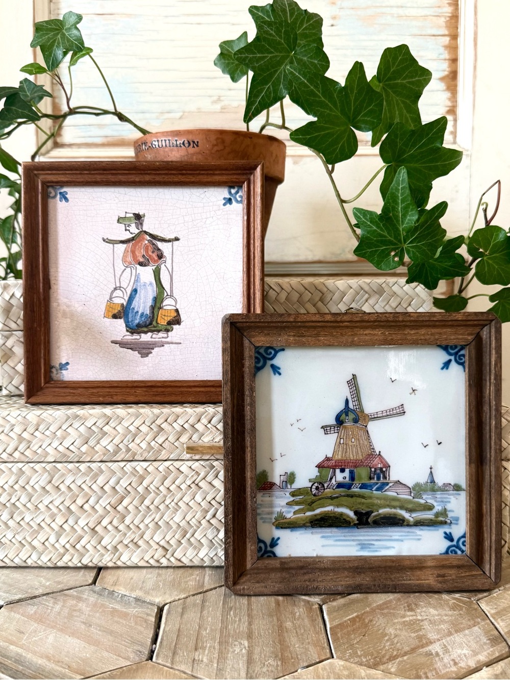 Vintage Dutch Delft Polychrome Tiles Makkum, SET/2, Holland Ceramic Tiles,Framed